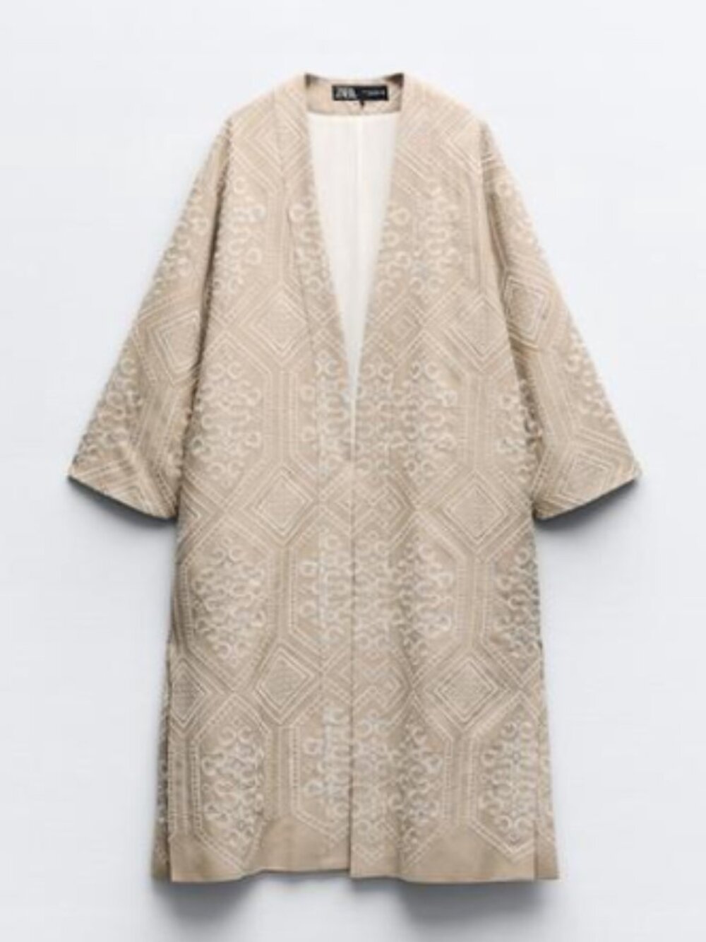 Zara Beige Embroidered Open-Front Jacket
